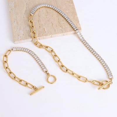 China FASHIONABLE WATERPROOF Stainless Steel CZ Cubic Zircon 18K Gold Tennis Wand Clip Rocker Coffee Bean Pig Nose U Shape Chain Necklace for sale