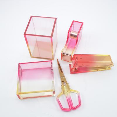 China Acrylic Colorful Stationery Set Acrylic Pen Holder Tape Dispenser Stapler for Office Home and School Use for sale