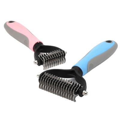 China Small Animals Pet Hair Removal Comb 2 Blades Sided Pet Fur Dematting Trimmer Deshedding Brush Grooming Tool Stainless Steel Double Sided Rake for sale