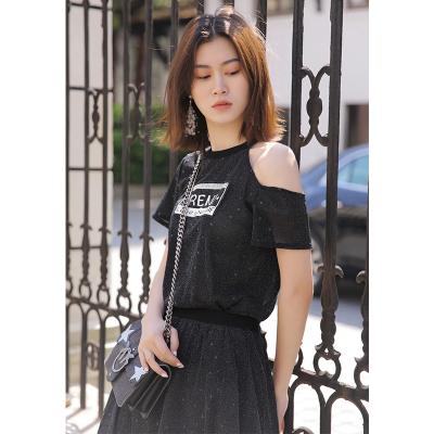 China High Quality Custom Made Round Black Round Star Original Black Round Neck Anti-wrinkle Summer Off-Shoulder Tight Fit Ladies T-shirt for sale