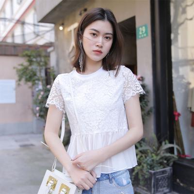 China Original White Anti-wrinkle Lace Quilting Ladies Round Neck Summer Short Sleeve Elegant T-Shirt for sale