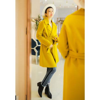 China RENI Anti-Wrinkle Original Wool Lapel Commuter Belt Button Loose Yellow Knee-Length 100% Plain Coat for sale