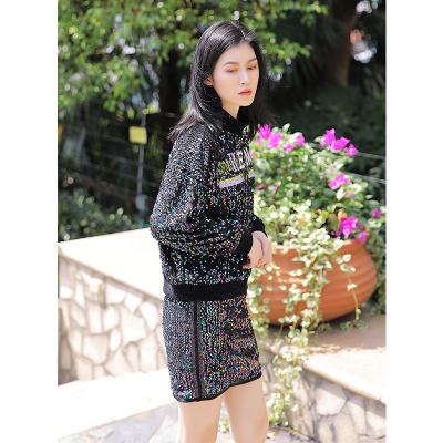 China Anti-pilling Original RENI Letter Printing Fashion Personality Black Sequined Long Sleeve Blouse for sale