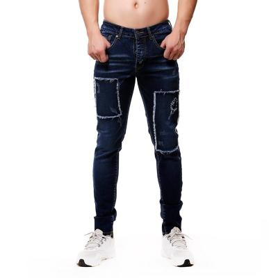 China New Style Fashion Patch Breathable Slim Fit Men's Straight Skinny Jeans Decoration Dark Blue for sale