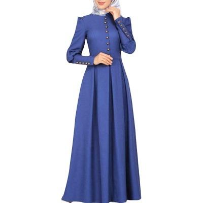 China Anti-Static Hot Sale Knee-Length Women Dress Simple Blue Turkish Women Abaya Front Button Skinny Women Dress for sale