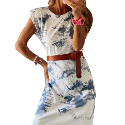 China 2020 Summer Vintage Gradient Printing V-neck Breathable Hot Selling Short Sheath Split Irregular Dress for sale