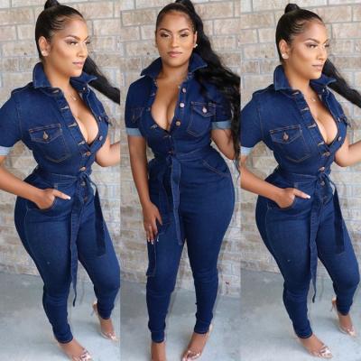 China 2021 Fashion Trendy QUICK DRY Custom Printed Sexy Short Sleeve Women Denim Bodycon Overalls for sale