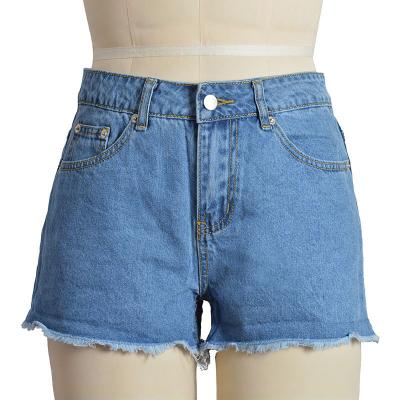 China Anti-wrinkle Summer Women's Fashion Hem Shorts High Waist Loose Cotton Blue Wash Denim Briefs for sale