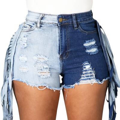 China Anti-wrinkle New Product High Waist Tassel Lady Denim Shorts Contrast Color With Hole Women Jeans Shorts for sale