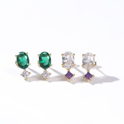 China FASHIONABLE Jewelry 18K Fine Silver 925 Gold Plated Emerald Zircon Stud Earrings Concise Luxury for sale