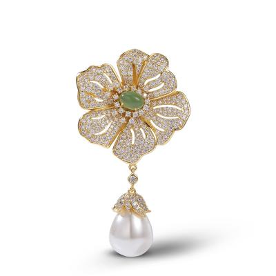 China High End Superlative Classic Flower Tassel Beads Brooch 18K Gold Plated For Women Clothing Jewelry for sale