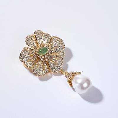 China Luxury High End Zircon Flowers With Shell Pearl Pendant Brooch For Women Dress Accessories for sale