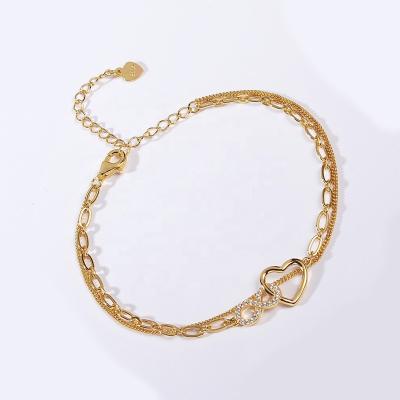 China TRENDY Hot Sale18K Gold Plated 925 Silver Heart Number Pendant Double Chain Bracelet For Women for sale