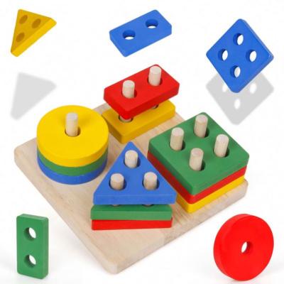 China Toy Amazon Best Selling Colorful Wooden Geometric Blocks Montessori Building Blocks Stacking Freed Kids Play Toys New Early Train Cognitive Toys for sale