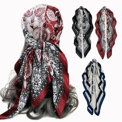 China 90cm Women's European and American Imitation Silk Square Towel Scarf Cashew Universal Wholesale Border Print Color-blocked Scarf for sale