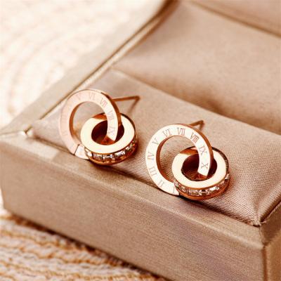 China NEW FASHIONABLE creative earrings Roman numeral diamond inlaid titanium steel women's popular double ring earrings jewelry for sale