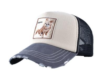 China Women And Men Mesh Back Baseball Hat Puppy Embroidered Khaki Color Adjustable Size for sale