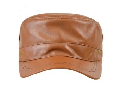 China Wheat Color Genuine Leather Military Cap , Solid Mens Military Style Hats for sale