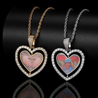 China Hiphop Love Cavity Memory Photo Family View Double Sided Zircon Necklace Photo Pendant Rotating Pendant for sale