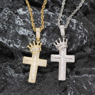 China Hiphop Hip Hop Necklace Crown Cross Couple Full Zirconium Stacked Crown Cross Iced Out Pendants for sale