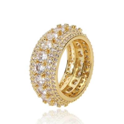 China Hip Hop Copper Jewelry Micro Set Five Rows Full Zircon Ring Real Gold Ice Electroplating Rings For Man for sale