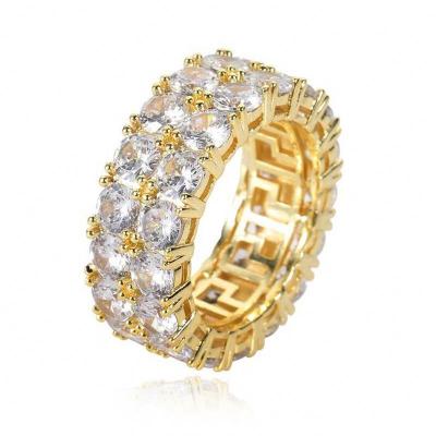 China Trendy Hiphop Fashion Jewelry Double Row Zircon Ring Full Of Diamonds 18K Gold Men's Iced Hop Hip Rings for sale