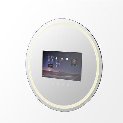 China Round Smart Bathroom Mirror Anti Fog Mirror Cabinet Touch Button Mirror Smart Android System Luminous Waterproof Mirror for sale