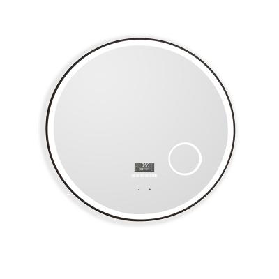 China Magnifying 2021 LED Mirror Bathroom Round Light magnifier 5X Mirrors Time Weather Segmented display For Household Hotel for sale