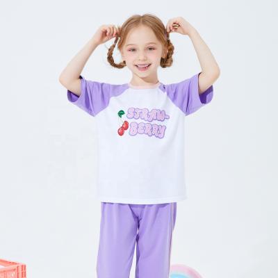 China Cherry Purple Sweet Pattern Patchwork Style Casual Fashion Kids Children Short Sleeve Clothing Sets for sale