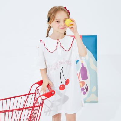 China Small Breathable Lapel Collar Throws Sweet Design Cherry White Purple Pattern Spring Kids Cute Dresses For Girls for sale