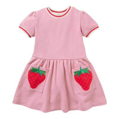 China Washable summer new short knit sleeve pink summer lovely stretching baby kids strawberry dress for sale for sale