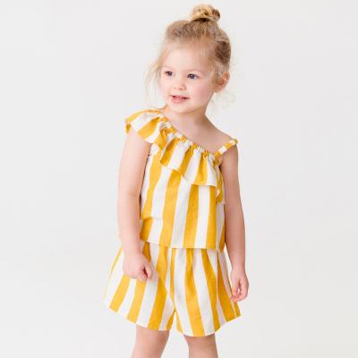 China High Quality Causal Petal Stripe Petal Stripe Collar Summer One Shoulder Cotton Kids Short Shirt And Shorts Set For Girl for sale