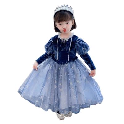 China High Grade Fleece Fabric Puff Sleeves Collar Yard Style Kids Winter Dress Girl Viable Soft Pleated Warm Princess for sale