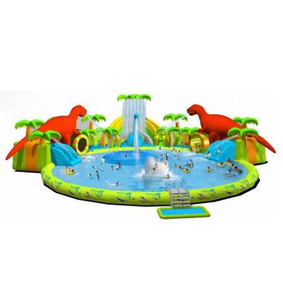 China Water Entertainment Dinosaur Inflatable Water Park With Pool Air Jumping Large Inflatable Land Mobile Water Park For Kids for sale