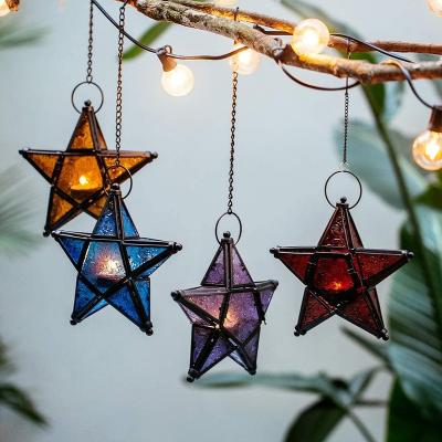 China Home Decor Hanging Star Decoration and Stand Use Wedding Two Way Candle Lantern with Multicolor Patterned Glass for sale