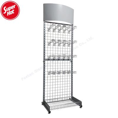 China Easy Assembly Hardware Floor Rack Wire Mesh Shelf Hook Unit Modern Wholesale Metal Display Stand for sale