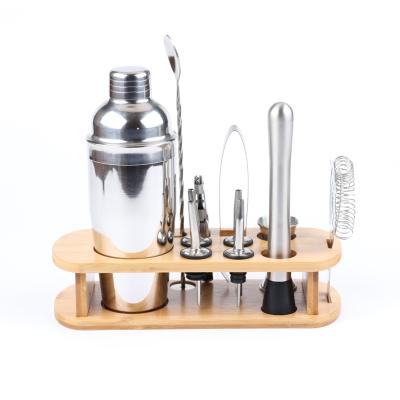 China Reusable; durable stainless bartender cocktail shaker set with wooden stand coqueteleira bartender set mini bar for sale