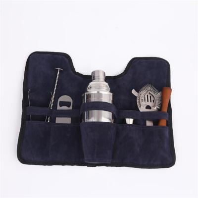 China Reusable; 7 piece navy blue durable flannel pouched bar set cocktailset professional cocktail shaker canister set for sale