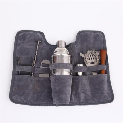 China Reusable; durable 7 piece dark gray flannel pouched stainless steel coctelera bartender cocktail shaker set for sale