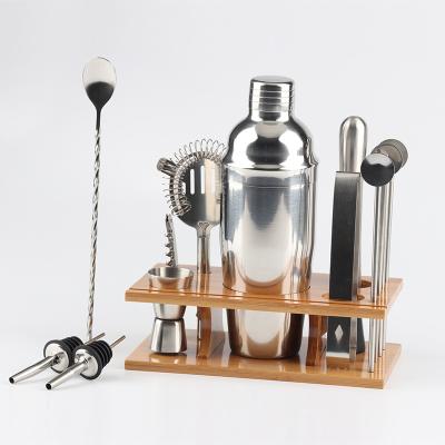 China Sustainable Hot Selling 13 Pieces Wooden Cocktail Shaker Set Bar Tool With Rack Bar Set Tool Kit for sale