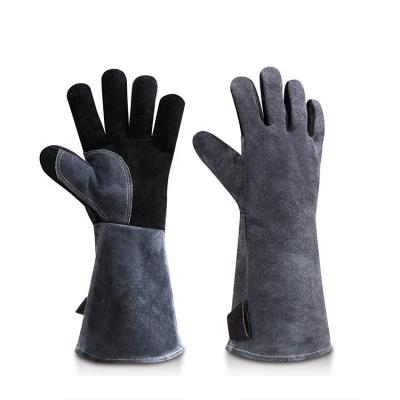 China Durable Two-Layer Cowhide Welding Gray Wear-Resistant Firewood Stove Gloves High Temperature Insurance Work Gloves for sale