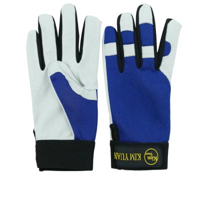 China Microfiber Cloth Wear Resistant Blue Palm Leather Lined Non Slip Wear Resistant Breathable Construction Protective Work Gloves for sale