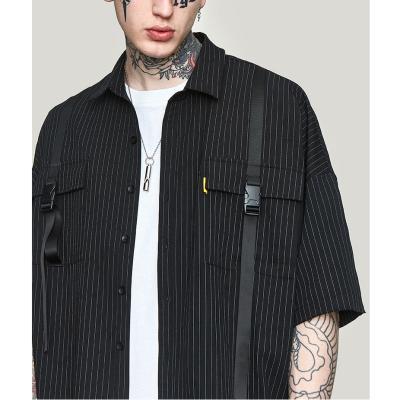 China Anti-pilling new spring and summer stripe ribbon splicing plain casual fashion hip hop half sleeve men's shirt for sale