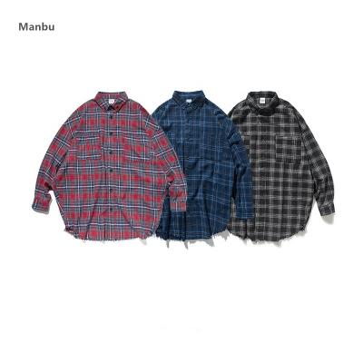 China Anti-pilling New Fashion Aw Distressed Bottom Loose Oversized Plaid Shirt Unisex Wholesale In Stock No Logo Men's Plaid Shirt for sale