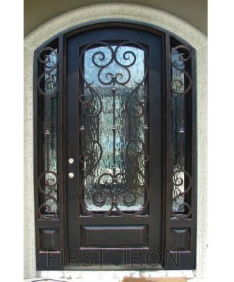 China Easy Installation Classic Wrought Iron Single Door With Double Sidelights For Villa for sale