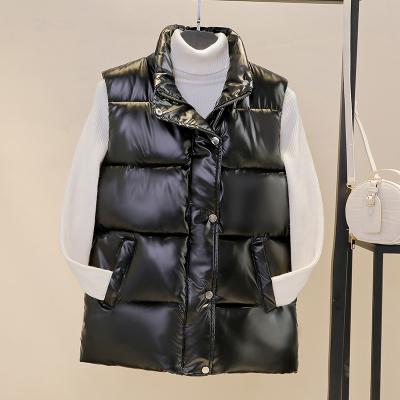 China Autumn Winter Puffer Vest Solid Waterproof Women's Casual Sleeveless Vest Shiny Zipper Ladies Stand Collar Sleeveless Vest For Female for sale