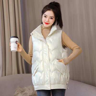 China Winter Vest Loose Women Waterproof Shiny Zipper Stand Collar Pockets Ladies Jacket Causal Sleeveless Vest For Female 2021 for sale