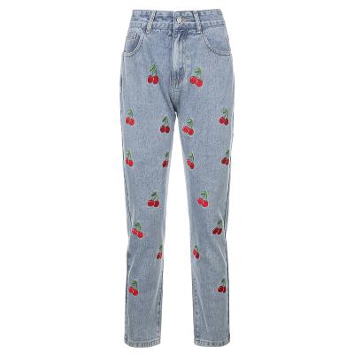 China Cherry Embroidery Blue Denim Pants Breathable Women High Waist Pocket Casual Sweated Skinny Joggers Jeans Ladies Long Trousers for sale