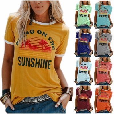 China New Viable Women's T-Shirt Bring On The Sunshine Letter Print Top Tees O Neck Short Sleeve Casual T-Shirt for sale