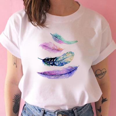 China Viable Casual O-neck Shirt Top Women's T-shirt Harajuku Feather Printed Casual T-shirt Fashion White T-shirt for sale